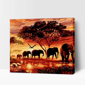 Pintar por números - Elefantes y puesta de sol