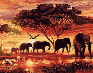 Pintar por n&uacute;meros - Elefantes y puesta de sol Pinta un cuadro 