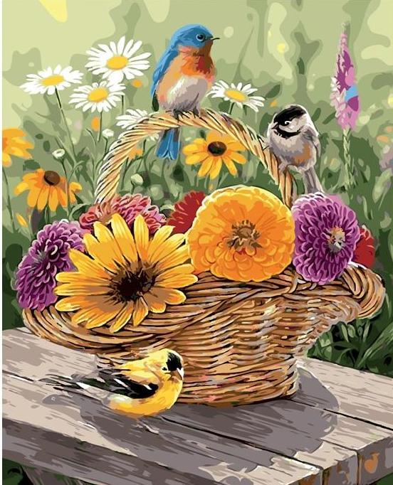 serie Sierra asustado Pintar por números - Cesta de flores con pájaros - Pinta un cuadro
